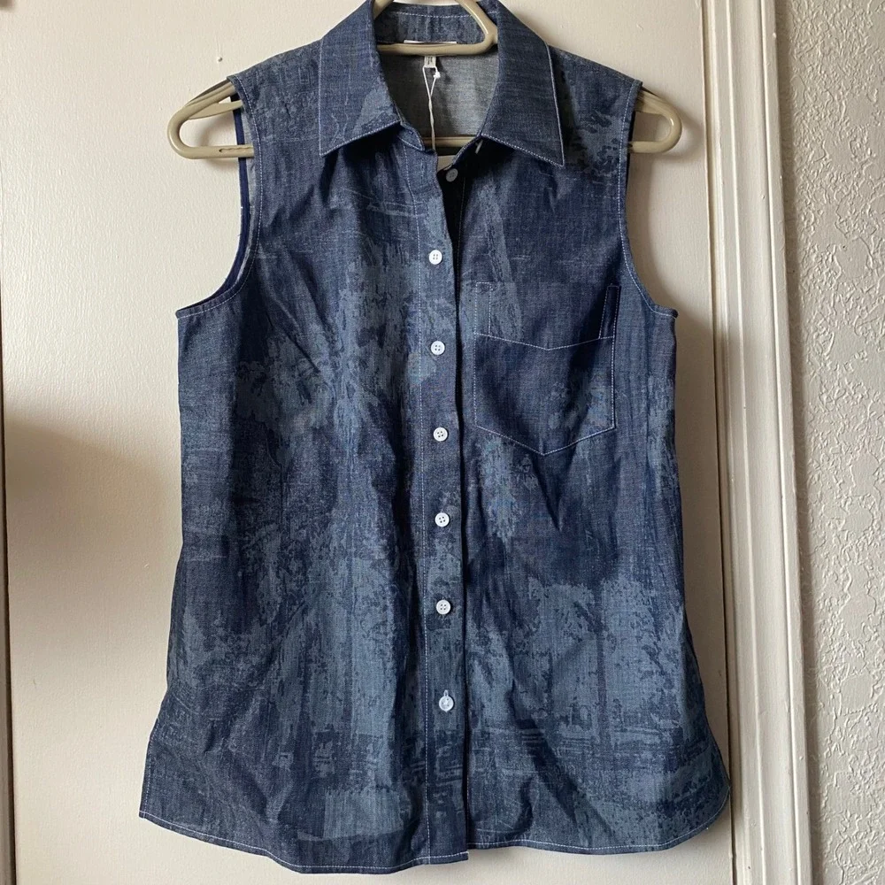 Lafayette 148 New York Sleeveless Shirt Shipyard Indigo Multi Print NWT - Picture 3 of 7